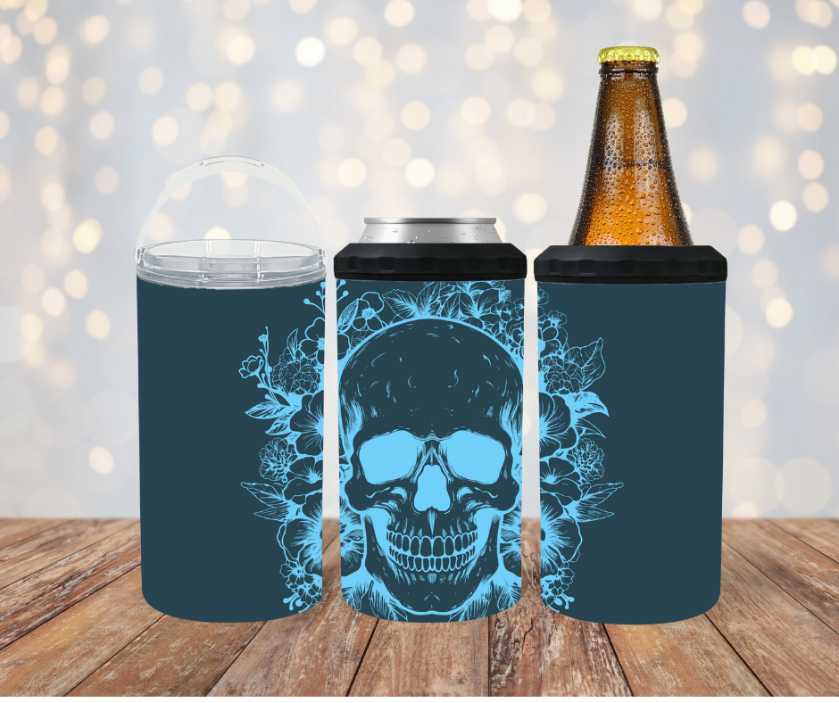 #175 Teal and Black Skull Can Cooler