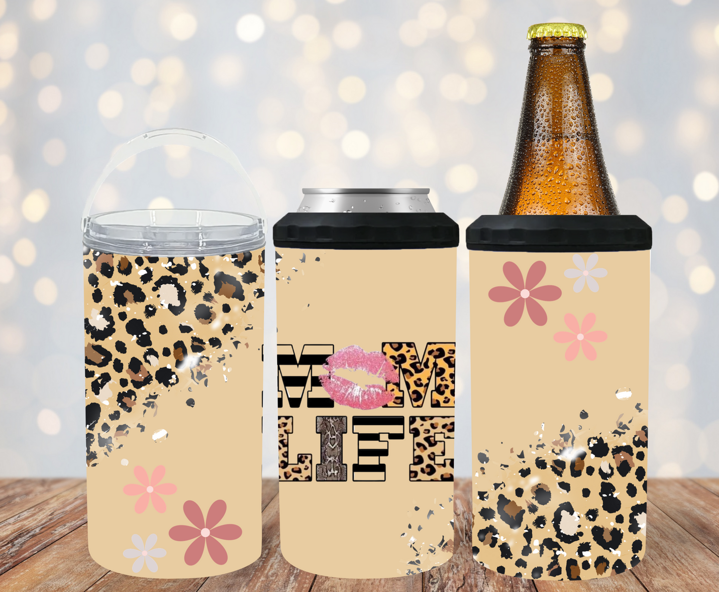 #200 Mom Life Cheeta and Flowers Can Cooler
