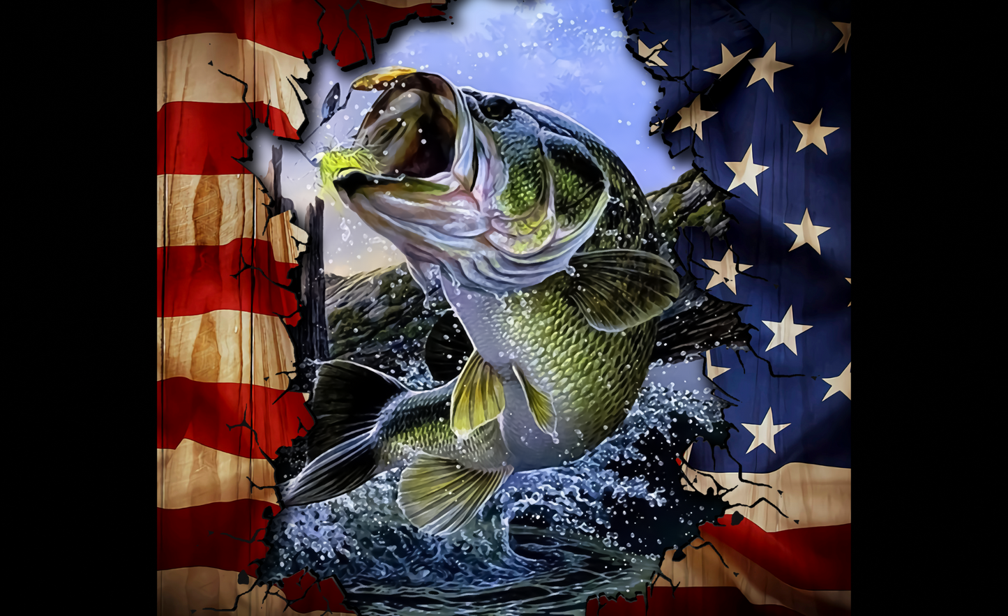 #210 Big Mouth Bass with American Flag Can Cooler