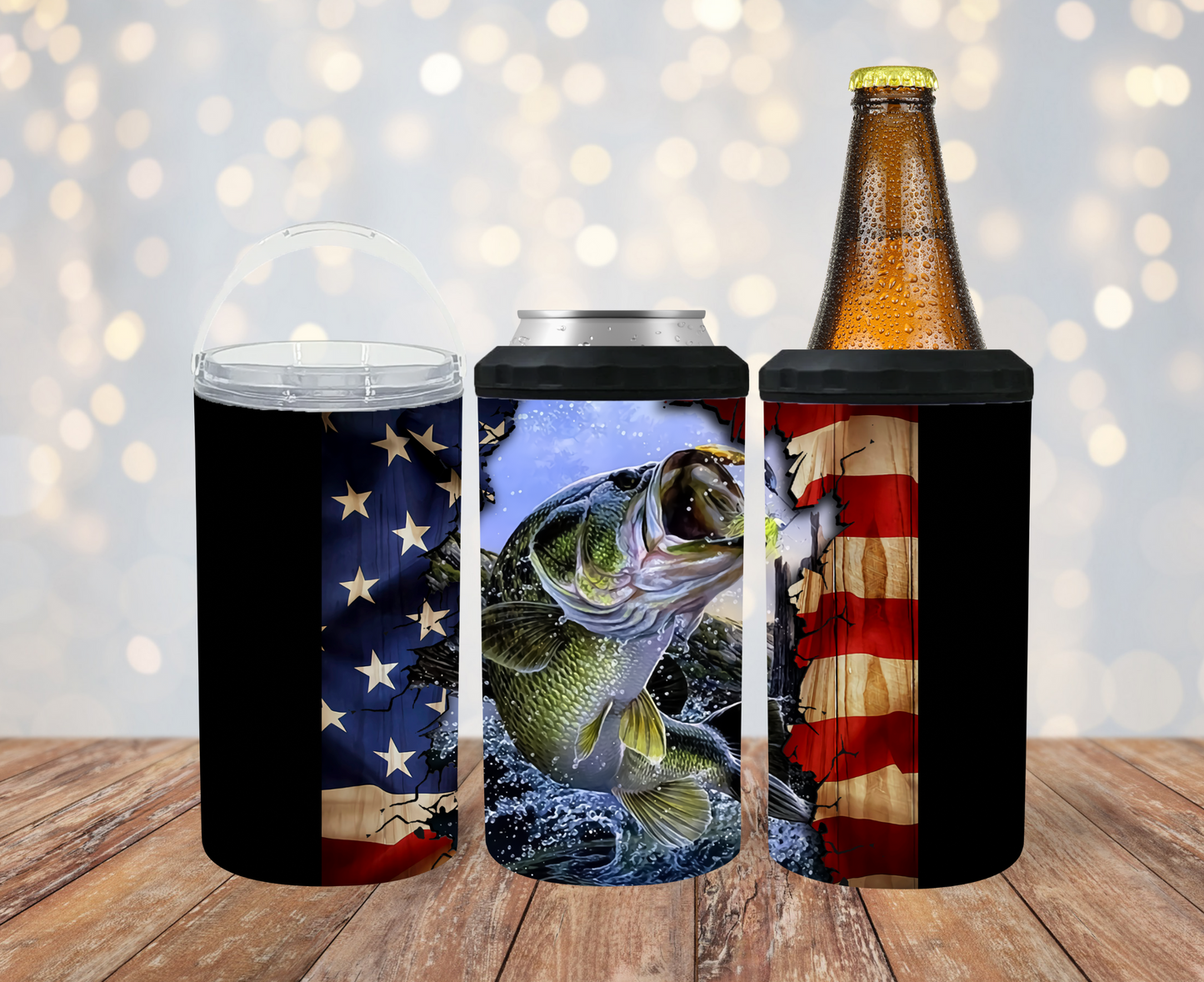 #210 Big Mouth Bass with American Flag Can Cooler
