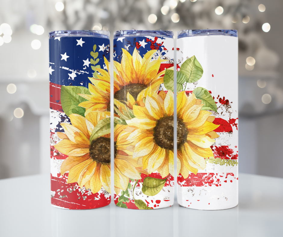 #251 American Flag and Sunflowers Tumbler