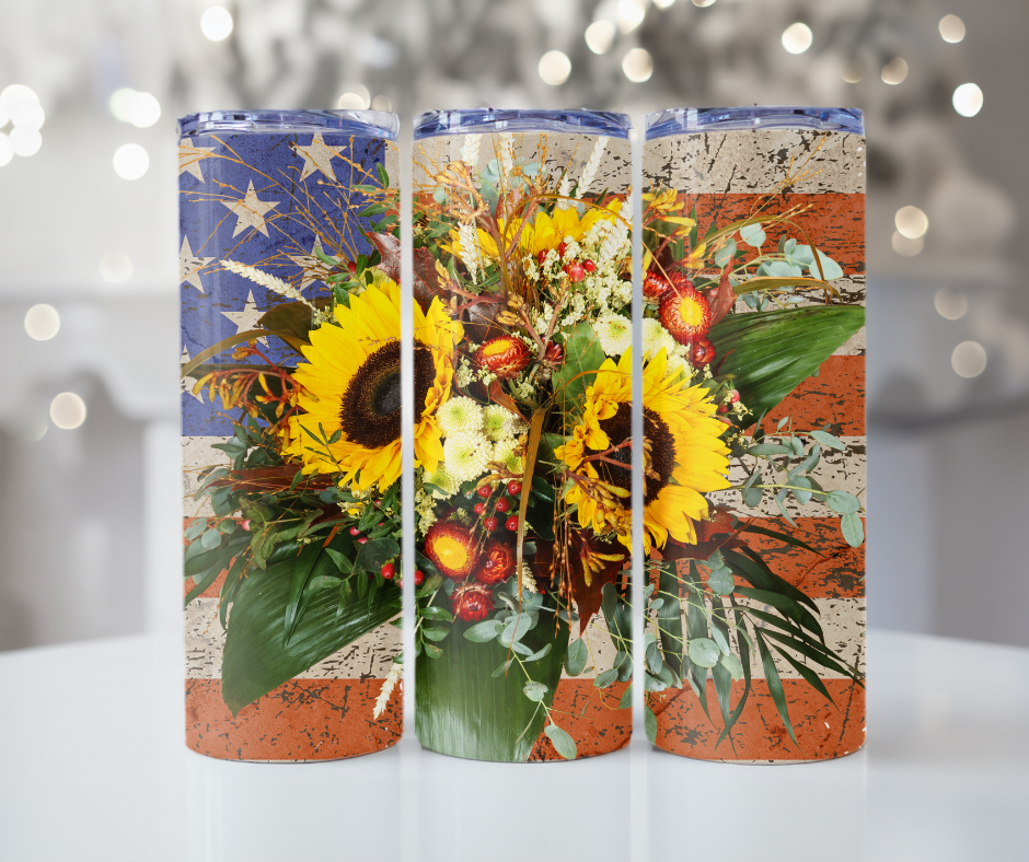 #252 American Flag and Sunflower Bouquet Tumbler