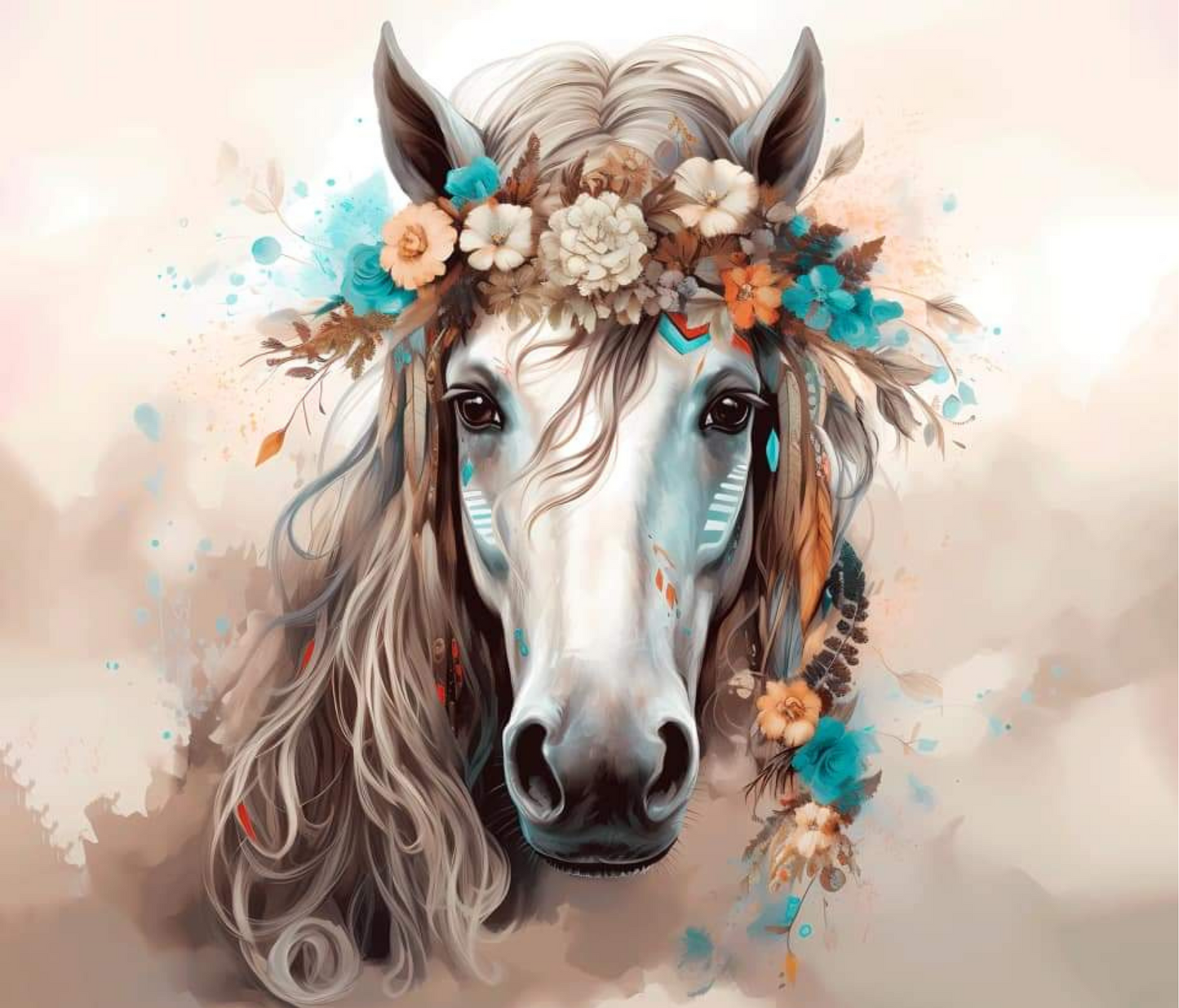 #433 Beautiful Horse with Teal Flowers