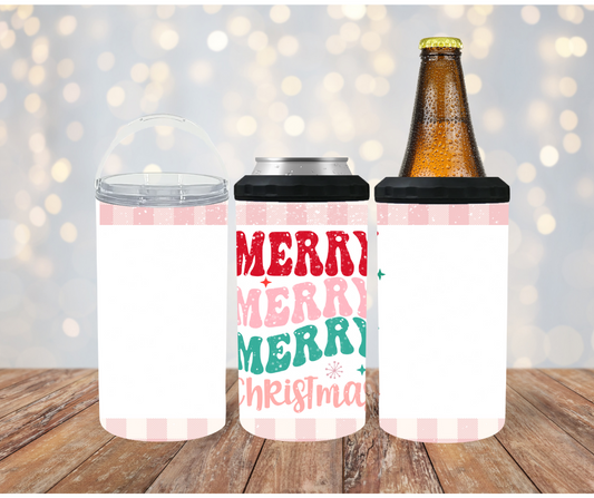 #168 Merry Merry Christmas Pink Plaid Can Cooler