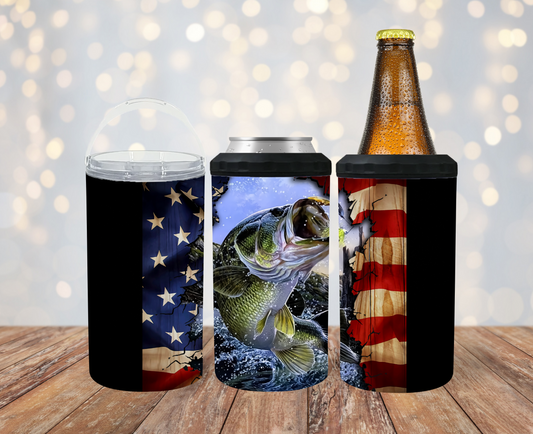 #210 Big Mouth Bass with American Flag Can Cooler