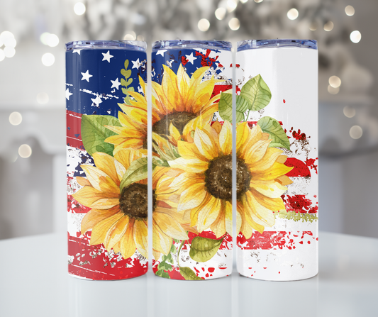 #251 American Flag and Sunflowers Tumbler