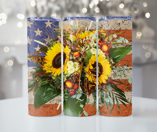 #252 American Flag and Sunflower Bouquet Tumbler