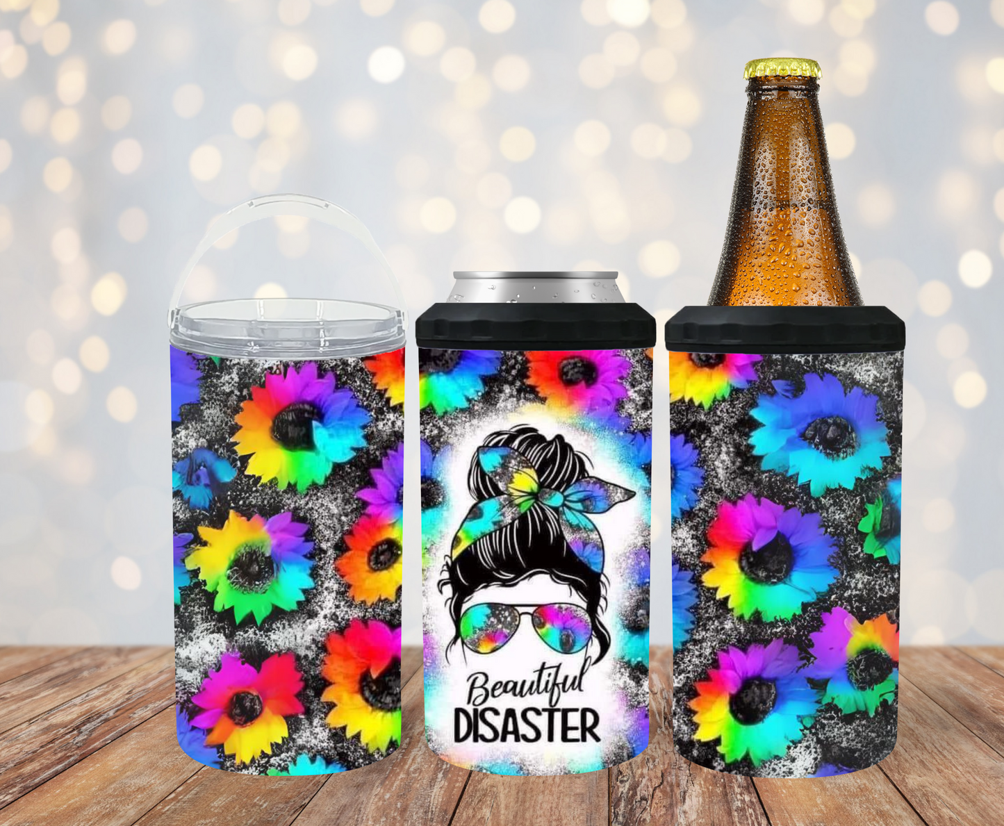 #476 Beautiful Disaster Messy Bun Colorful Flowers Can Cooler