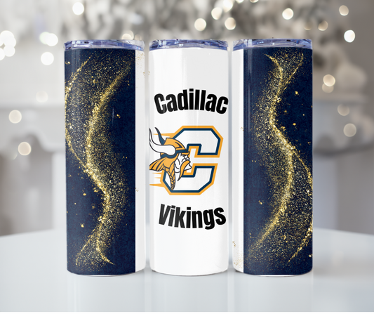 #394 Cadillac Vikings - Blue Gold Glitter Tumbler