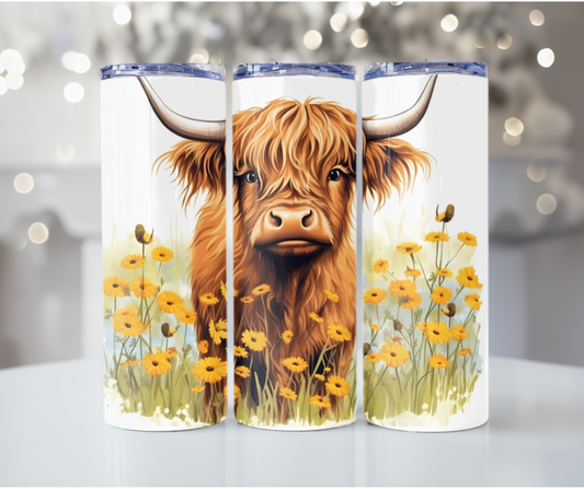 #43 Highland Cow Yellow Flowers Tumbler