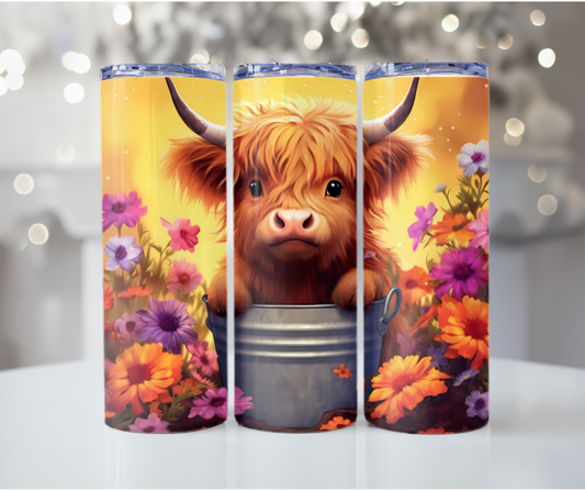 #41 Highland Cow Purple Flowers Tumbler
