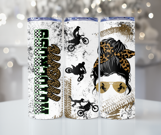 #15 Motocross Mom Messy Bun Cheeta Tumbler